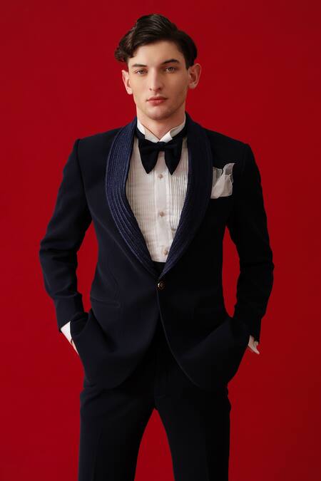 Amrit Dawani_Blue Polyester, Cotton Hand Embroidered Shawl Lapel Collar Tuxedo Set _at_Aza_Fashions