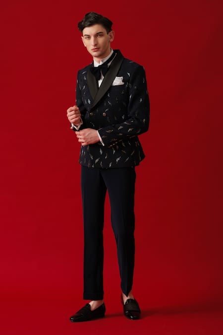 Amrit Dawani_Blue Wool, Cotton, Polyester Embroidery Metallic Swirl Embellished Tuxedo Set_Online_at_Aza_Fashions