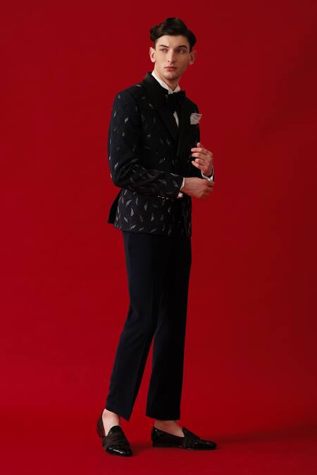 Buy_Amrit Dawani_Blue Wool, Cotton, Polyester Embroidery Metallic Swirl Embellished Tuxedo Set_Online_at_Aza_Fashions