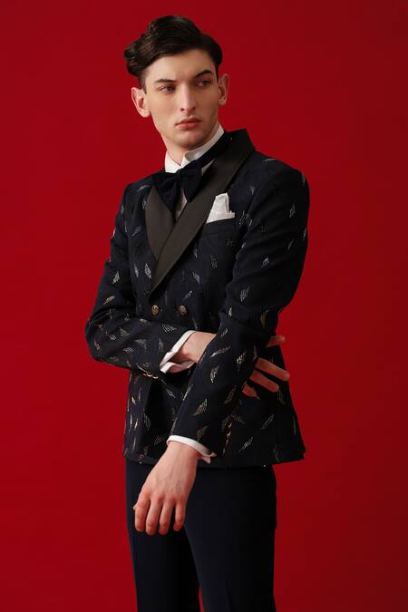 Shop_Amrit Dawani_Blue Wool, Cotton, Polyester Embroidery Metallic Swirl Embellished Tuxedo Set_Online_at_Aza_Fashions