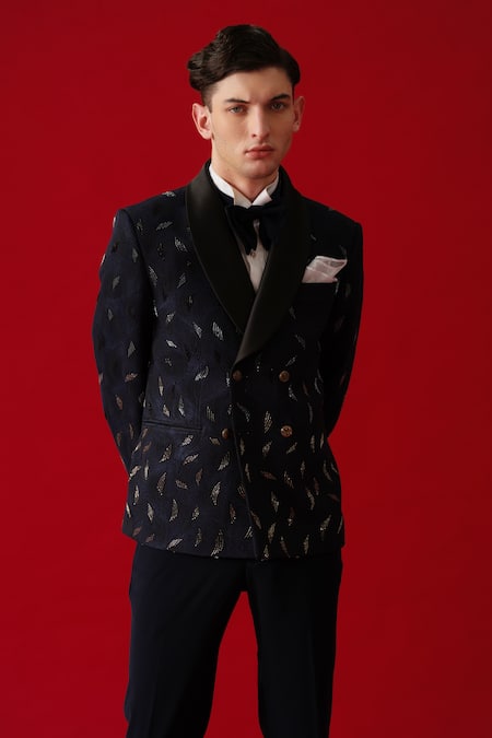 Amrit Dawani_Blue Wool, Cotton, Polyester Embroidery Metallic Swirl Embellished Tuxedo Set_at_Aza_Fashions