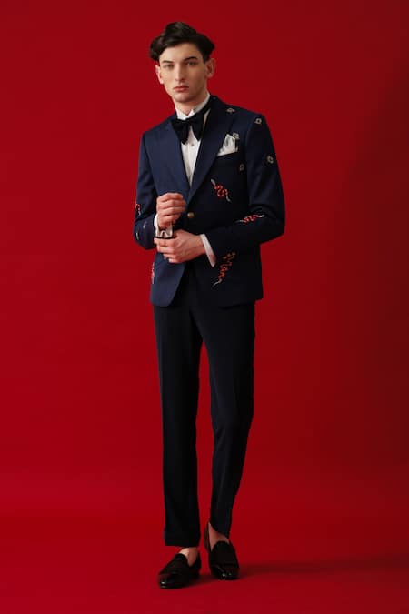 Amrit Dawani_Blue Cotton, Polyester Embroidery Serpent Tuxedo Set _Online_at_Aza_Fashions