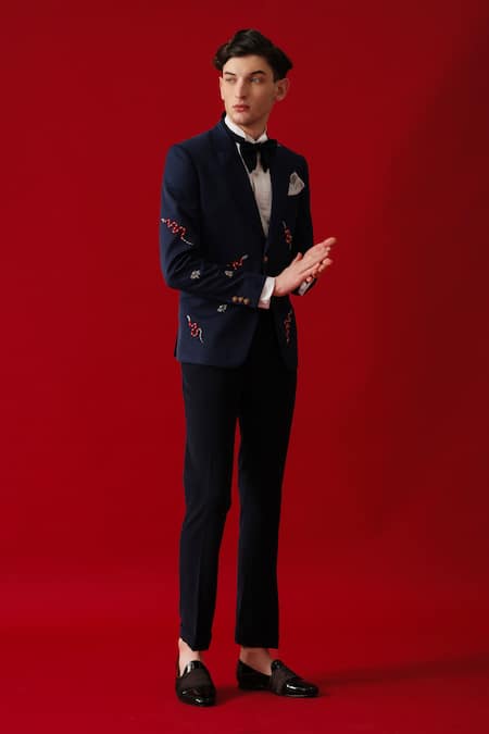 Buy_Amrit Dawani_Blue Cotton, Polyester Embroidery Serpent Tuxedo Set _Online_at_Aza_Fashions