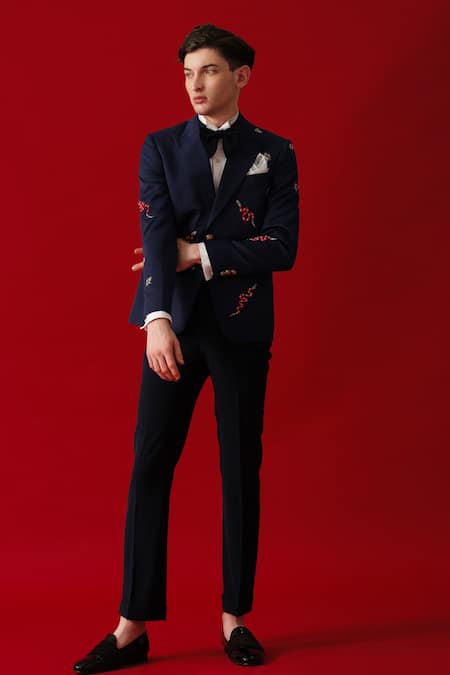 Shop_Amrit Dawani_Blue Cotton, Polyester Embroidery Serpent Tuxedo Set _Online_at_Aza_Fashions