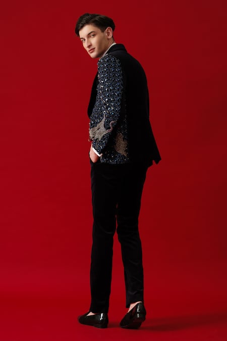 Amrit Dawani Navy Blue Stone Embellished Tuxedo Set 