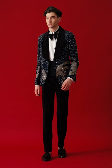 Amrit Dawani_Blue Velvet, Cotton, Polyester, Silk Stones, Navy Embellished Tuxedo Set _Online_at_Aza_Fashions