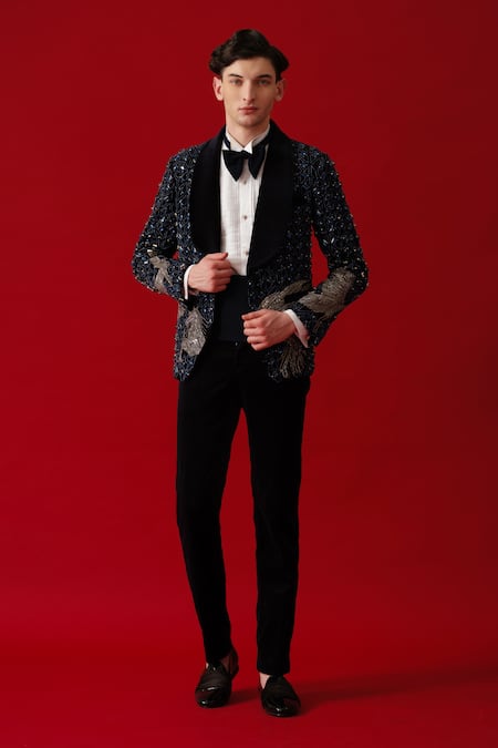 Buy_Amrit Dawani_Blue Velvet, Cotton, Polyester, Silk Stones, Navy Embellished Tuxedo Set _Online_at_Aza_Fashions