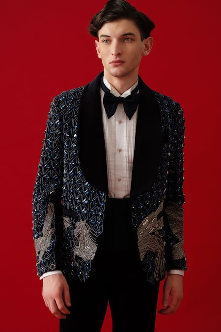 Shop_Amrit Dawani_Blue Velvet, Cotton, Polyester, Silk Stones, Navy Embellished Tuxedo Set _Online_at_Aza_Fashions