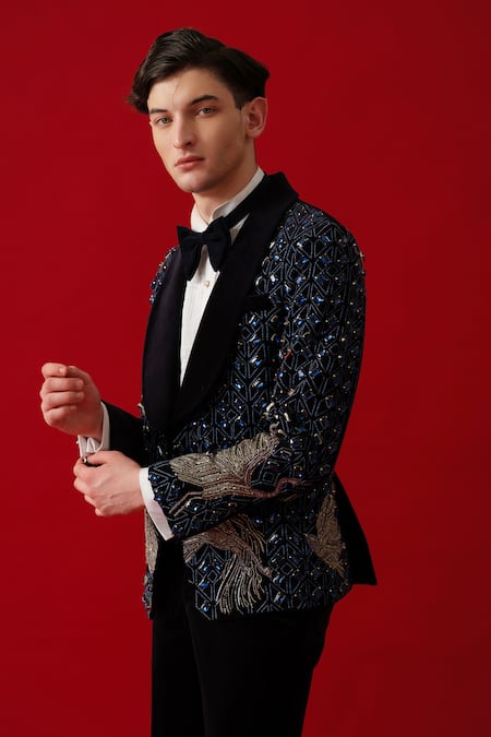 Amrit Dawani_Blue Velvet, Cotton, Polyester, Silk Stones, Navy Embellished Tuxedo Set _at_Aza_Fashions