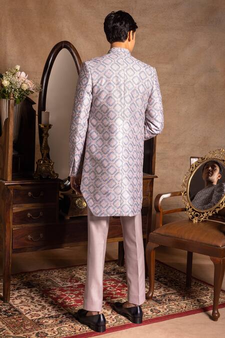 Shop_Amrit Dawani_Blue Cotton, Silk Embroidery Floral Jacket And Kurta Set_at_Aza_Fashions