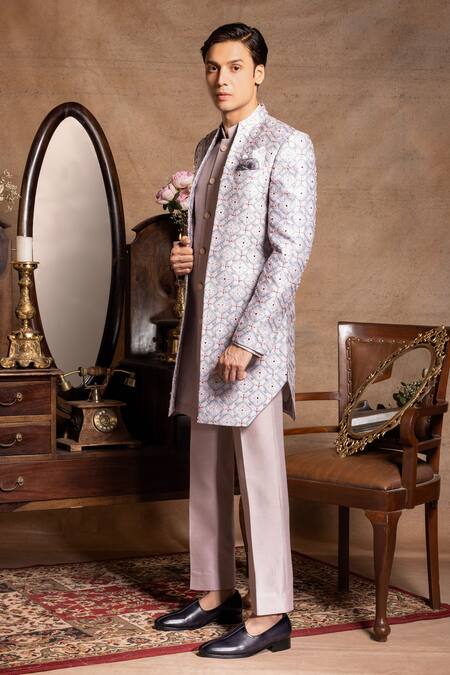 Amrit Dawani_Blue Cotton, Silk Embroidery Floral Jacket And Kurta Set_Online_at_Aza_Fashions