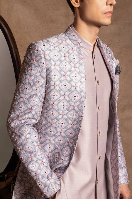 Buy_Amrit Dawani_Blue Cotton, Silk Embroidery Floral Jacket And Kurta Set_Online_at_Aza_Fashions