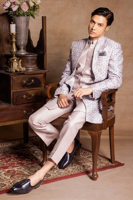 Shop_Amrit Dawani_Blue Cotton, Silk Embroidery Floral Jacket And Kurta Set_Online_at_Aza_Fashions