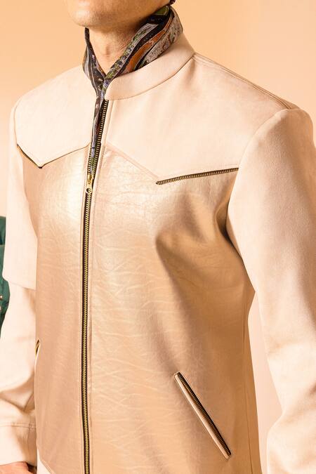 Amrit Dawani_Beige Suede, Velvet Two Tone Jacket _Online_at_Aza_Fashions