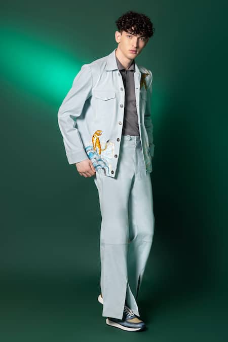 Shop_Amrit Dawani_Blue Cotton, Denim Hand Painted Jacket _at_Aza_Fashions