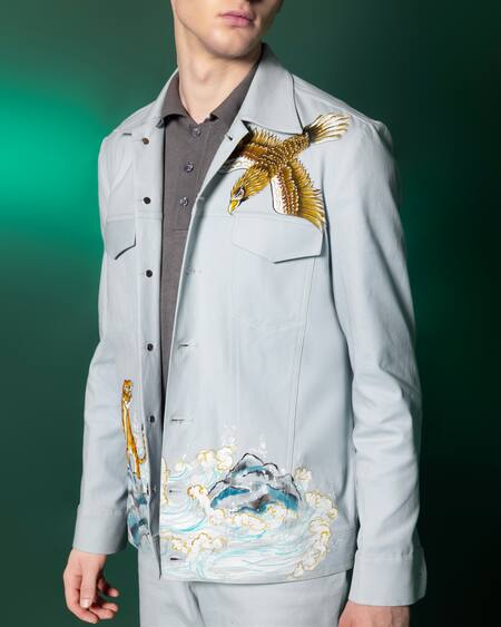 Amrit Dawani_Blue Cotton, Denim Hand Painted Jacket _Online_at_Aza_Fashions