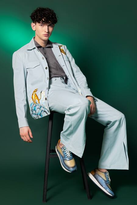 Buy_Amrit Dawani_Blue Cotton, Denim Hand Painted Jacket _Online_at_Aza_Fashions