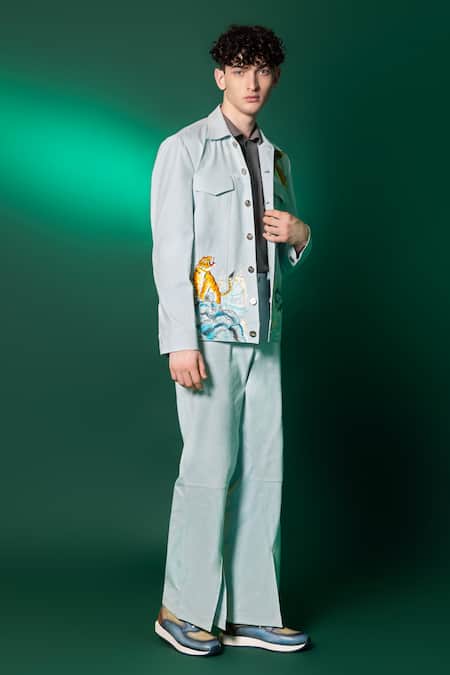 Shop_Amrit Dawani_Blue Cotton, Denim Hand Painted Jacket _Online_at_Aza_Fashions