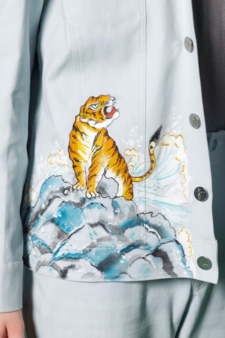 Amrit Dawani_Blue Cotton, Denim Hand Painted Jacket _at_Aza_Fashions