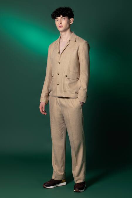 Shop Amrit Dawani Beige Taffeta Tanzanian Linen Jacket at Aza Fashions Shop_Amrit Dawani_Beige Taffeta Tanzanian Linen Jacket _at_Aza_Fashions