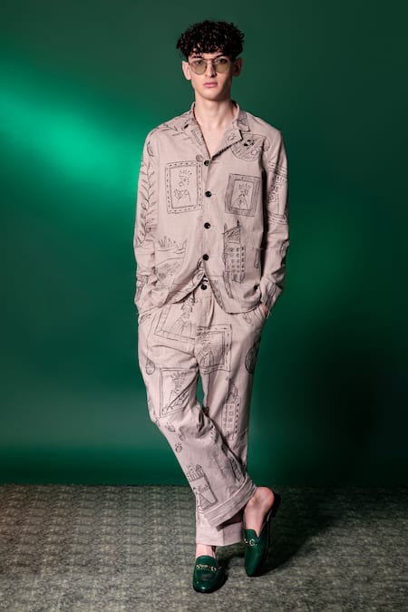 Shop Amrit Dawani Beige Linen Abstract Hand Painted Jacket at Aza Fashions Shop_Amrit Dawani_Beige Linen Abstract Hand Painted Jacket _at_Aza_Fashions