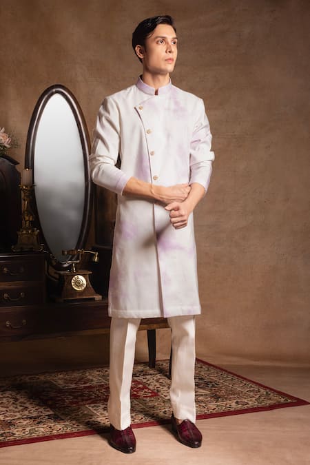 Amrit Dawani Ivory Cotton Silk Plain Marble Effect Kurta With Pant 