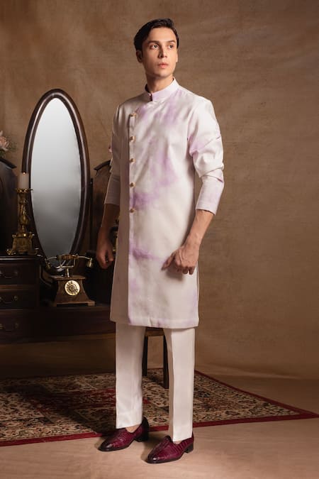 Shop_Amrit Dawani_Ivory Cotton, Silk Marble Effect Kurta With Pant _at_Aza_Fashions