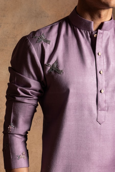 Amrit Dawani_Purple Silk Embroidery Flying Bird Kurta With Pant _Online_at_Aza_Fashions
