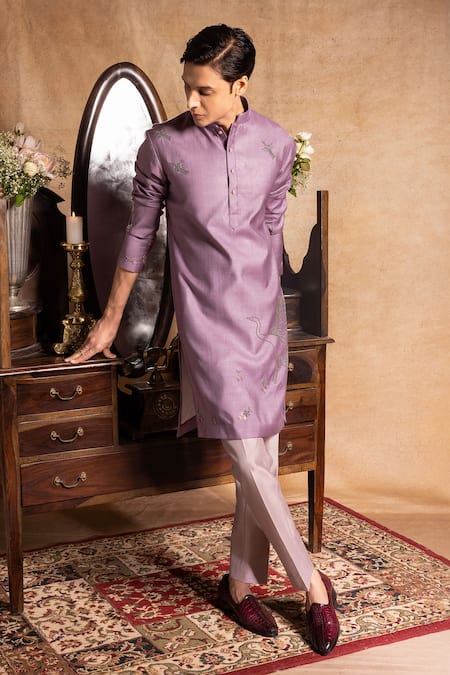 Buy_Amrit Dawani_Purple Silk Embroidery Flying Bird Kurta With Pant _Online_at_Aza_Fashions