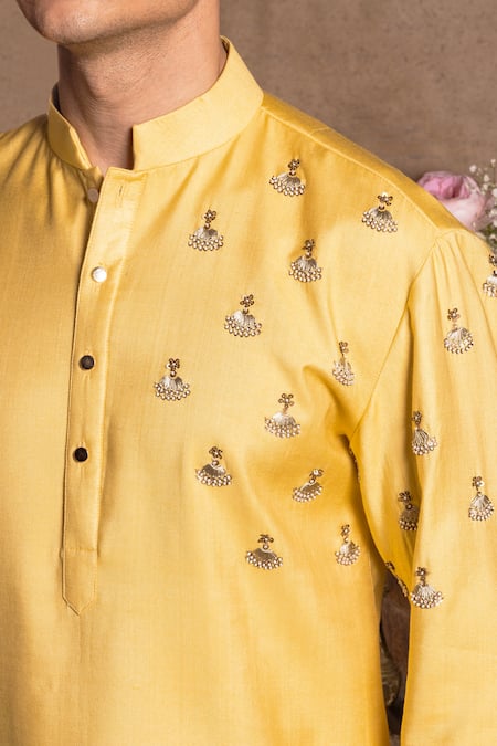 Amrit Dawani_Yellow Cotton, Silk Embroidery Hand Kurta With Pant _Online_at_Aza_Fashions