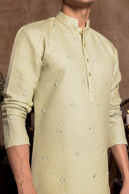 Amrit Dawani Green Cotton, Silk, Chanderi Embroidery Kurta With Pant Online at Aza Fashions Amrit Dawani_Green Cotton, Silk, Chanderi Embroidery Kurta With Pant _Online_at_Aza_Fashions