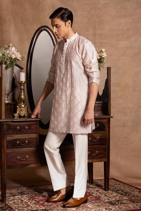 Amrit Dawani_Ivory Cotton, Silk Embroidery Lucknowi Work Kurta With Pant_Online_at_Aza_Fashions
