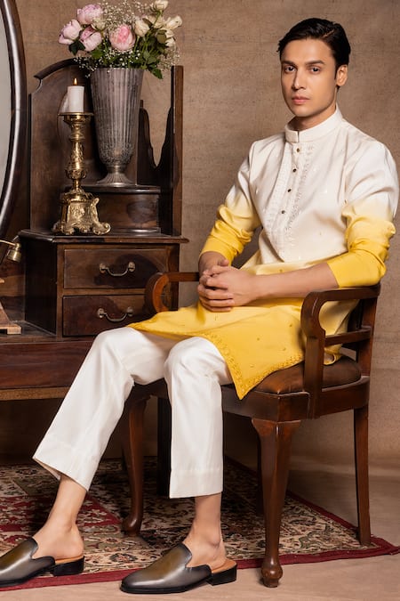Shop_Amrit Dawani_Yellow Cotton, Silk Embroidery Ombre Effect Kurta With Pant _at_Aza_Fashions