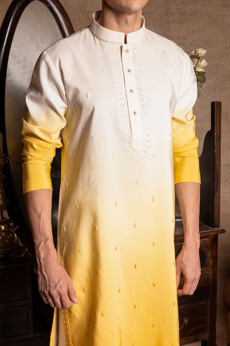 Amrit Dawani_Yellow Cotton, Silk Embroidery Ombre Effect Kurta With Pant _Online_at_Aza_Fashions