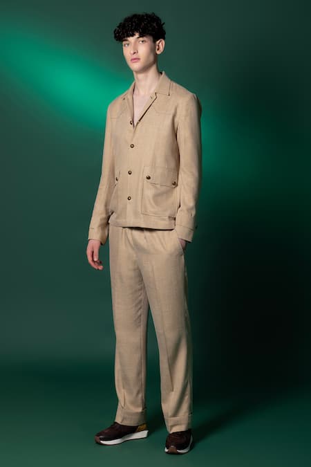 Shop_Amrit Dawani_Beige Taffeta, Linen Tanzanian Pant _at_Aza_Fashions