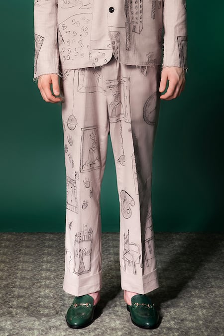 Amrit Dawani_Beige Linen Hand Painted Pant _Online_at_Aza_Fashions