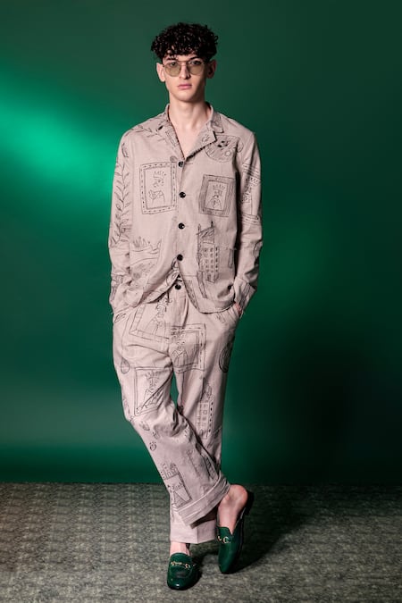 Buy_Amrit Dawani_Beige Linen Hand Painted Pant _Online_at_Aza_Fashions