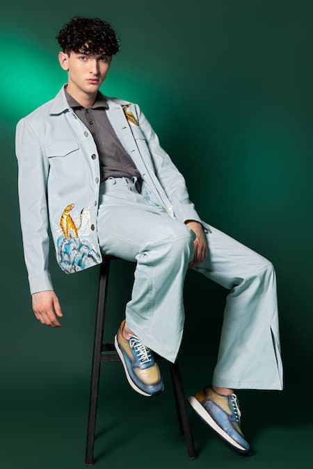 Buy_Amrit Dawani_Blue Cotton, Denim Aqua Straight Fit Pant _Online_at_Aza_Fashions