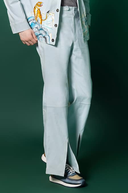 Shop_Amrit Dawani_Blue Cotton, Denim Aqua Straight Fit Pant _Online_at_Aza_Fashions