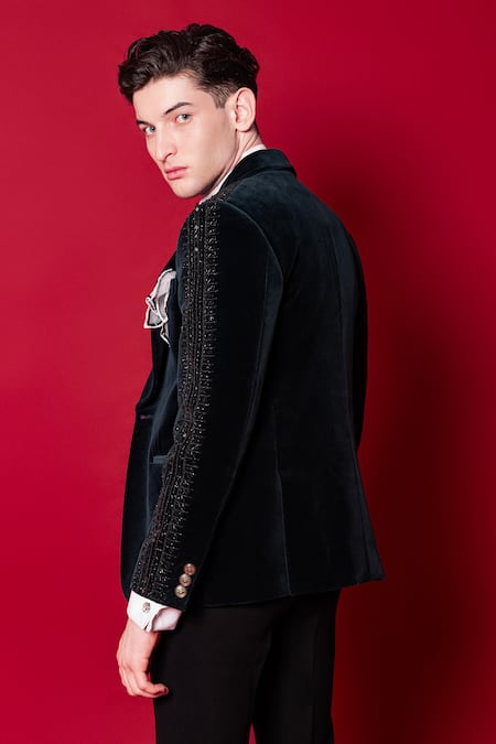 Amrit Dawani_Black Velvet, Cotton, Polyester Crystals Tuxedo Pant Set _Online_at_Aza_Fashions