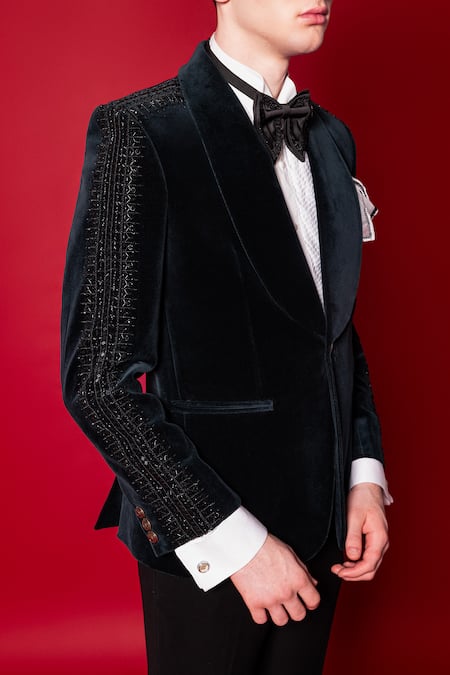 Buy_Amrit Dawani_Black Velvet, Cotton, Polyester Crystals Tuxedo Pant Set _Online_at_Aza_Fashions
