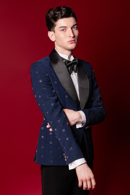 Buy_Amrit Dawani_Blue Cotton, Polyester Embroidery Hand Tuxedo Pant Set _Online_at_Aza_Fashions