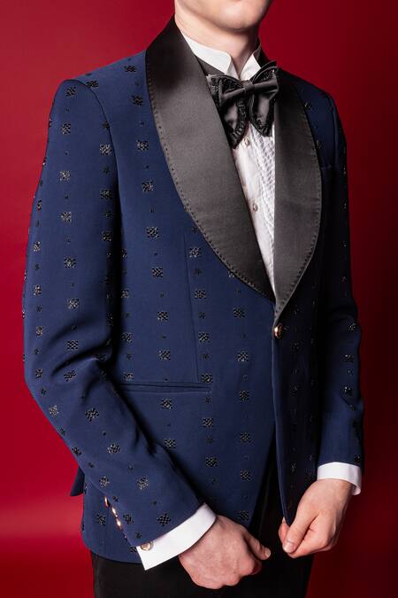 Shop_Amrit Dawani_Blue Cotton, Polyester Embroidery Hand Tuxedo Pant Set _Online_at_Aza_Fashions