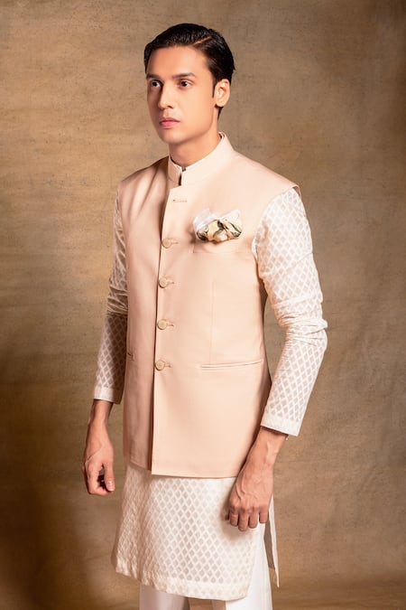 Buy_Amrit Dawani_Pink Polyester, Chanderi, Cotton, Silk Bundi And Kurta Set _Online_at_Aza_Fashions