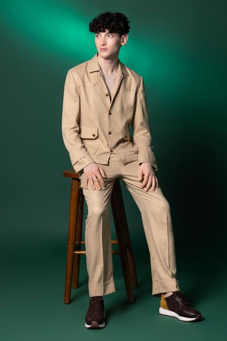 Shop_Amrit Dawani_Beige Tencel, Linen Solid Shirt And Pant Set _Online_at_Aza_Fashions