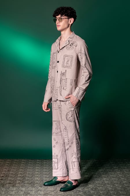 Shop_Amrit Dawani_Beige Linen Hand Painted Shirt And Pant Set _at_Aza_Fashions