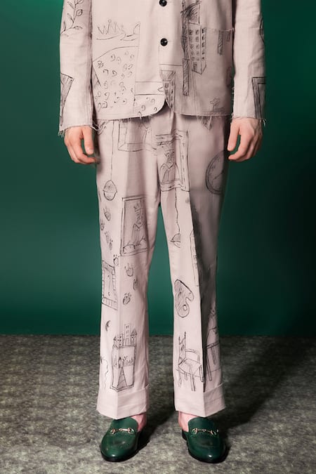 Amrit Dawani_Beige Linen Hand Painted Shirt And Pant Set _Online_at_Aza_Fashions