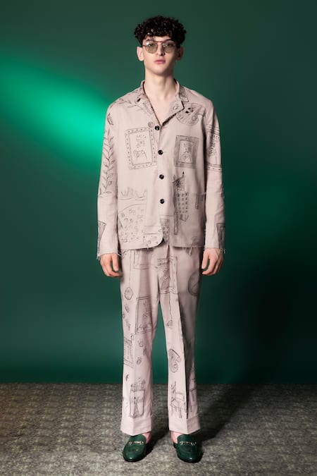 Buy_Amrit Dawani_Beige Linen Hand Painted Shirt And Pant Set _Online_at_Aza_Fashions