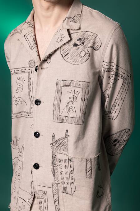Shop_Amrit Dawani_Beige Linen Hand Painted Shirt And Pant Set _Online_at_Aza_Fashions