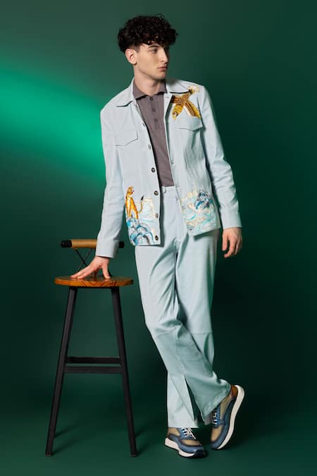 Amrit Dawani - Blue Cotton Denim Hand Painted Abstract Jacket And Pant Set  For Men